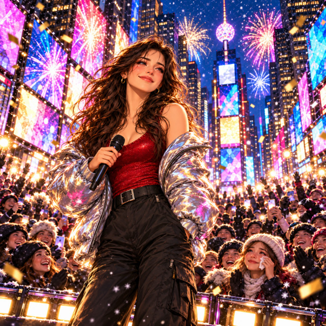 Official New Year on Times Square cover: a singer celebrating in Times Square